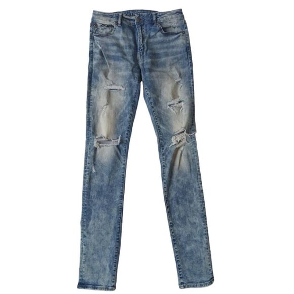American Eagle X Young Money Blue Distressed Stacked Skinny Jeans Men's 33x32 - Picture 1 of 12